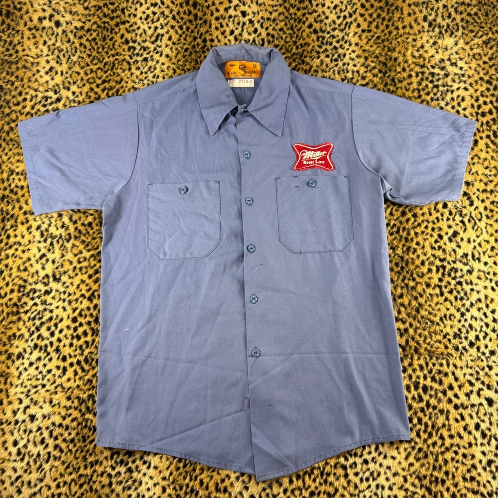 Vintage 1980s Miller High Life Beer Patch Work Shirt Blue VIP S368 Small